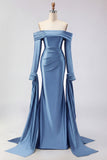 Off the Shoulder Dark Green Mermaid Ruched Prom Dress with Long Sleeves