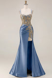 Black Mermaid Embroidered Beaded Lace Up Back Long Prom Dress with Slit