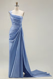 One Shoulder Green Sheath Ruched Long Prom Dress with Slit