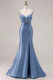 Mermaid Fuchsia Satin Cut Out Ruched Long Prom Dress with Slit