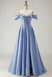 Off the Shoulder Purple A Line Beaded Corset Long Prom Dress with Slit