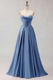 Golden A Line Beaded Strapless Corset Satin Long Prom Dress