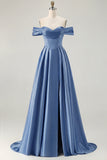 Off the Shoulder A Line Blue Satin Long Bridesmaid Dress with Slit