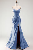 Burgundy Mermaid Sweetheart Corset Beaded Ruched Long Prom Dress with Slit