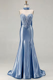 Blue Mermaid Corset Sweetheart Convertible Satin Long Prom Dress with Streamer