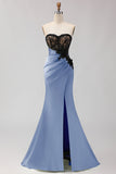Black Green Strapless Mermaid Lace Appliqued Ruched Long Prom Dress with Slit