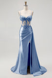 Champagne Mermaid Corset Streamer Beaded Ruched Long Prom Dress with Slit