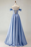 Off the Shoulder Purple A Line Beaded Corset Long Prom Dress with Slit