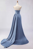 Royal Blue A Line Beaded Strapless Ruched Long Prom Dress with Slit