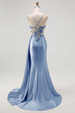 Champagne Mermaid Corset Streamer Beaded Ruched Long Prom Dress with Slit