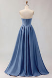 Golden A Line Beaded Strapless Corset Satin Long Prom Dress
