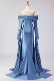 Off the Shoulder Dark Green Mermaid Ruched Prom Dress with Long Sleeves