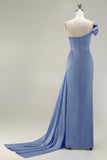 One Shoulder Green Sheath Ruched Long Prom Dress with Slit