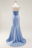 Sweetheart Mermaid Red Beaded Sequins Pleated Satin Long Prom Dress with Slit