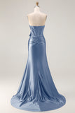Navy Mermaid Strapless Corset Beaded Satin Long Prom Dress with Bow