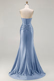 Dark Green Beaded Corset Strapless Mermaid Long Prom Dress with Slit