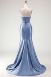 Burgundy Mermaid Sweetheart Corset Beaded Ruched Long Prom Dress with Slit