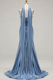Blue Mermaid Corset Sweetheart Convertible Satin Long Prom Dress with Streamer
