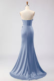 Green Strapless Mermaid 3D Flower Satin Long Prom Dress with Slit