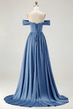 Off the Shoulder A Line Blue Satin Long Bridesmaid Dress with Slit