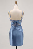 Royal Blue Bodycon Sheer Corset Pleated Homecoming Dress with Slit