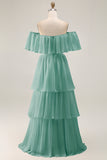 Dark Green Off The Shoulder Tiered A Line Long Bridesmaid Dress