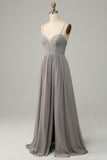 Silver A Line Spaghetti Straps Long Bridesmaid Dress With Slit