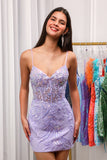 Sheath Spaghetti Straps Sequins Lilac Corset Homecoming Dress