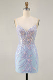 Blue Bodycon Spaghetti Straps Sequins Homecoming Dress with Appliques