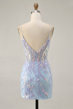 Blue Bodycon Spaghetti Straps Sequins Homecoming Dress with Appliques