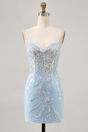 Light Blue Bodycon Spaghetti Straps Sequins Corset Homecoming Dress with Appliques