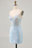 Blue Bodycon Spaghetti Straps Sequins Homecoming Dress with Appliques