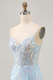 Light Blue Bodycon Spaghetti Straps Sequins Corset Homecoming Dress with Appliques