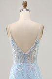 Light Blue Bodycon Spaghetti Straps Sequins Corset Homecoming Dress with Appliques