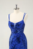 Gorgeous Hot Pink Bodycon Spaghetti Straps Glittler Homecoming Dress with Lace Up Back