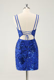 Gorgeous Hot Pink Bodycon Spaghetti Straps Glittler Homecoming Dress with Lace Up Back