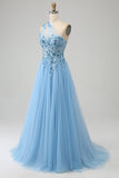 Light Blue A-Line One Shoulder Sequin Prom Dress with Appliques