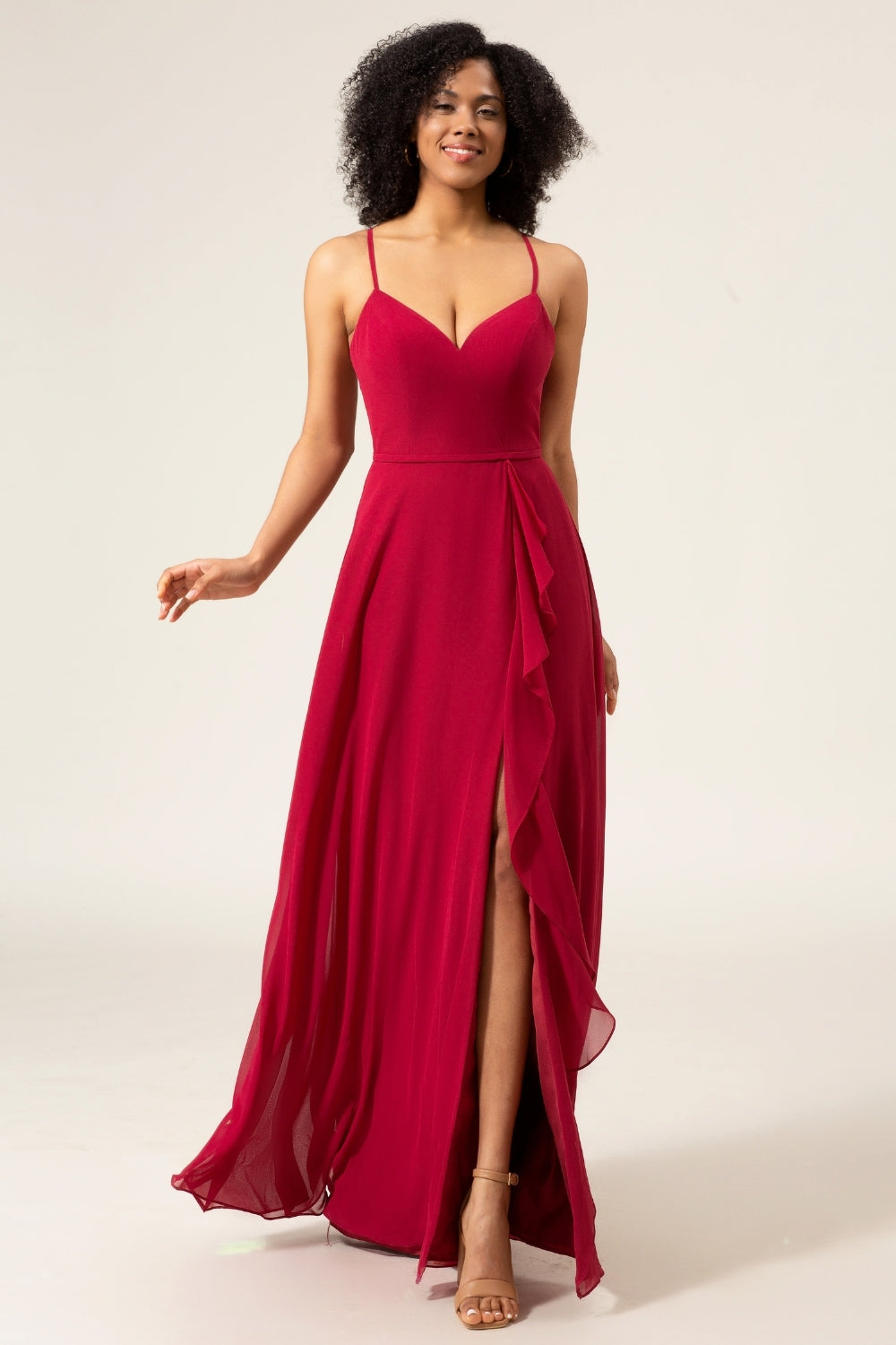 Wedtrend Women Burgundy Bridesmaid Dress A-Line Spaghetti Straps Long Chiffon Formal Dress with Slit Ruffles WEDTREND Wedtrend Women Burgundy Bridesmaid Dress A-Line Spaghetti Straps Long Chiffon Formal Dress with Slit Ruffles WEDTREND
