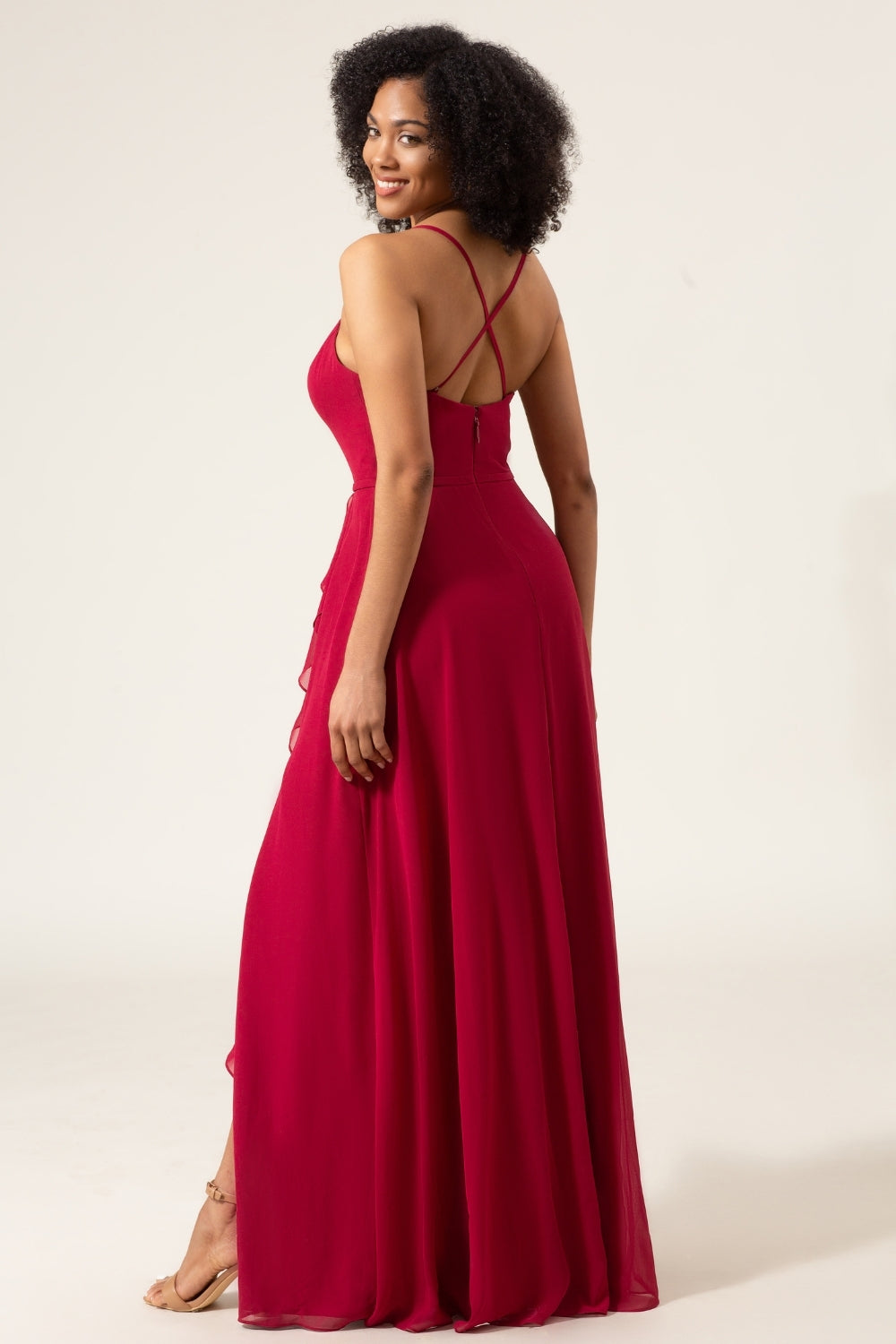 Wedtrend Women Burgundy Bridesmaid Dress A-Line Spaghetti Straps Long Chiffon Formal Dress with Slit Ruffles WEDTREND Wedtrend Women Burgundy Bridesmaid Dress A-Line Spaghetti Straps Long Chiffon Formal Dress with Slit Ruffles WEDTREND
