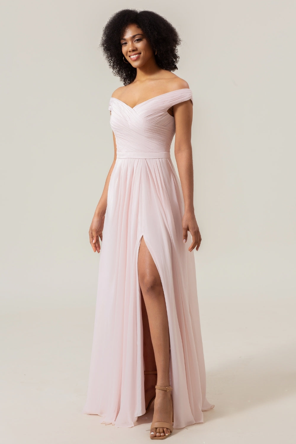 Blush Pink A-Line Off the Shoulder Chiffon Pleated Bridesmaid Dress with Slit