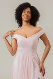 Blush Pink A-Line Off the Shoulder Chiffon Pleated Bridesmaid Dress with Slit