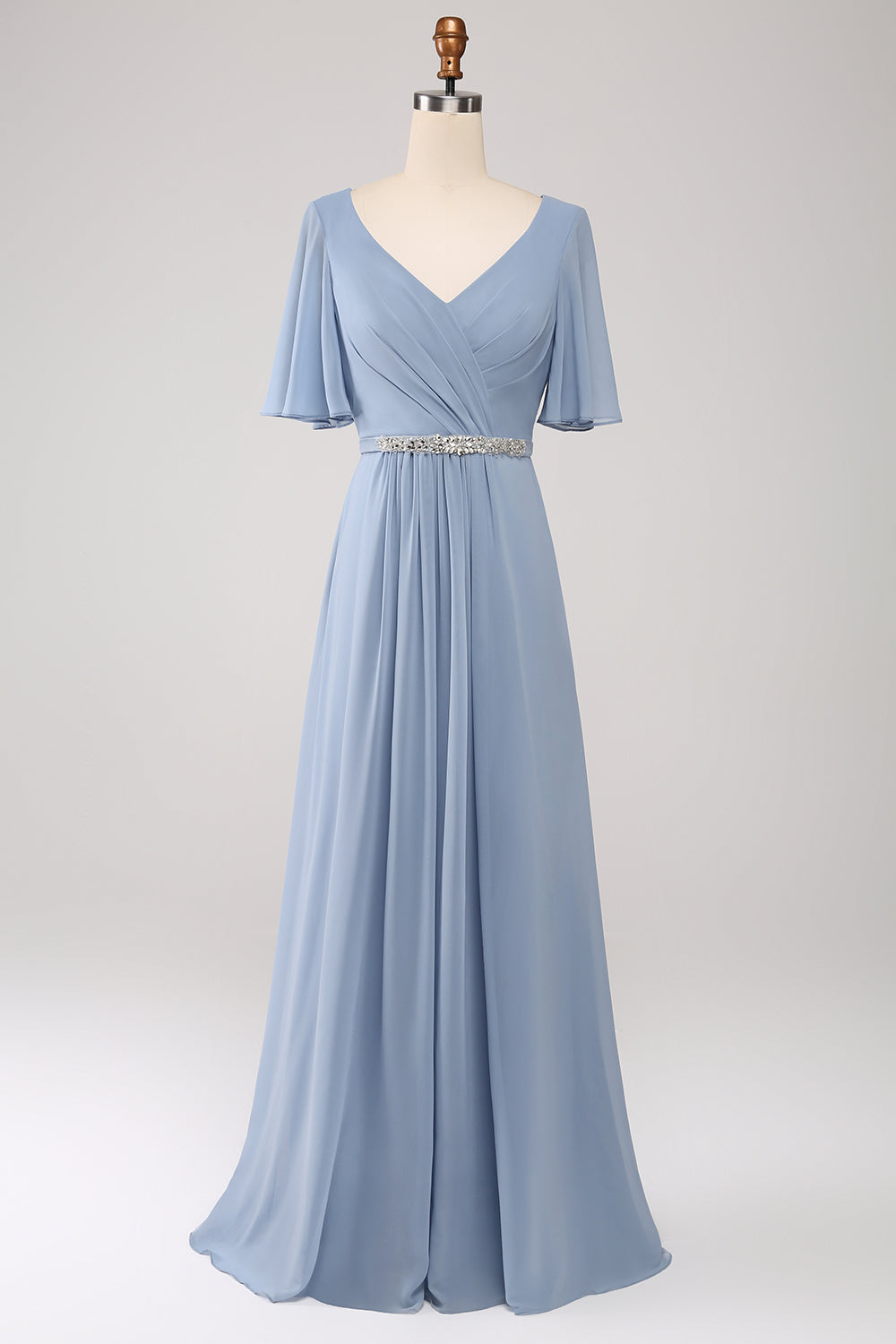 sleeves dusty blue bridesmaid dresses Dusty Blue Beaded Modest Bridesmaid Dress with short sleeves