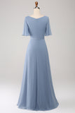 A Line V Neck Chiffon Floor Length Dusty Blue Bridesmaid Dress With Short Sleeves