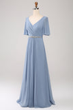 A Line V Neck Chiffon Floor Length Dusty Blue Bridesmaid Dress With Short Sleeves