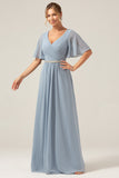 Dusty Blue A Line V Neck Chiffon Floor Length Bridesmaid Dress With Short Sleeves