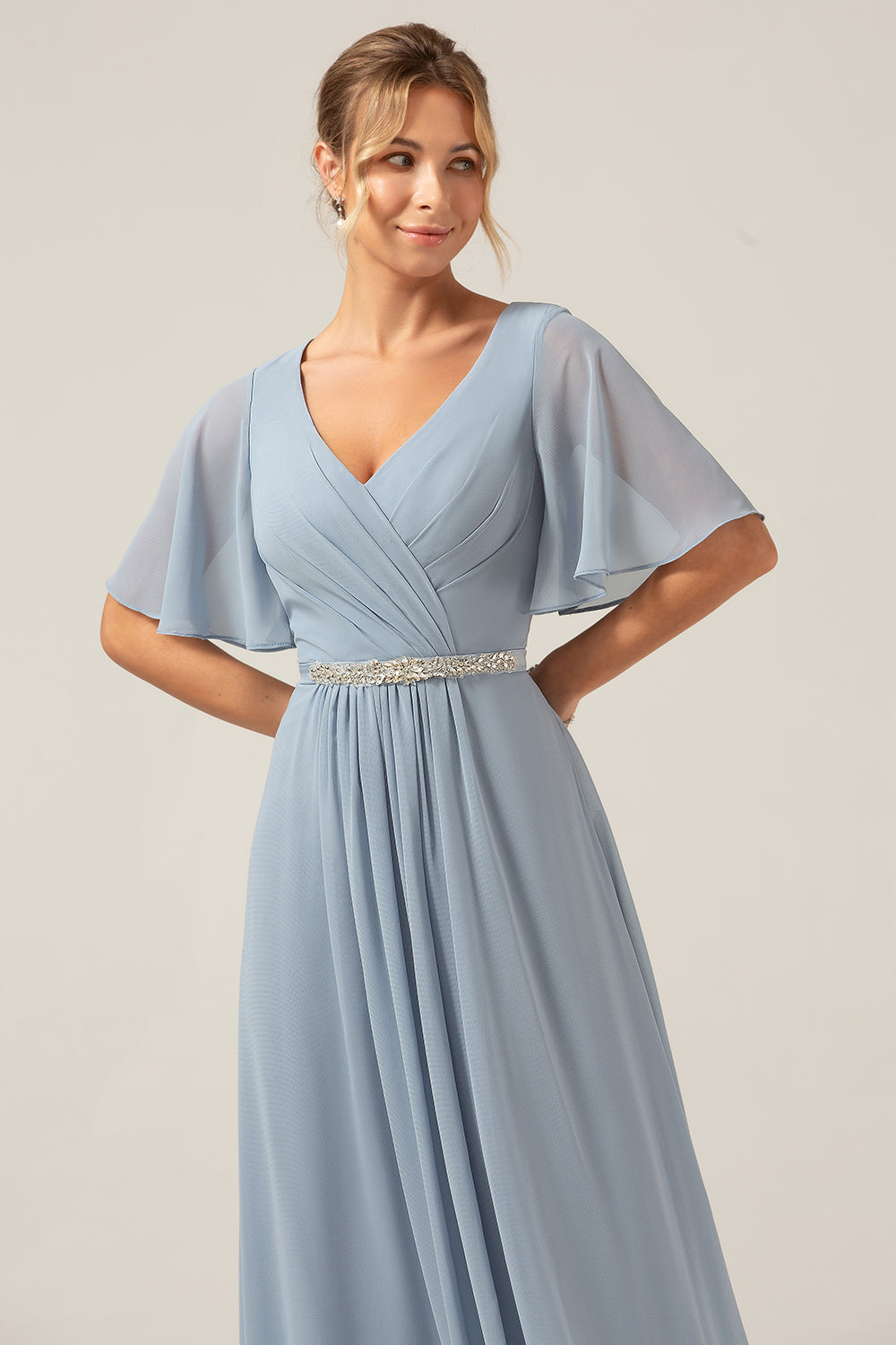 Wedtrend Women Dusty Blue Bridesmaid Dress With Short Sleeves A Line Chiffon Floor Length Wedding Party Dress WEDTREND Wedtrend Women Dusty Blue Bridesmaid Dress With Short Sleeves A Line Chiffon Floor Length Wedding Party Dress WEDTREND
