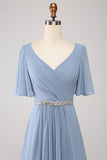 A Line V Neck Chiffon Floor Length Dusty Blue Bridesmaid Dress With Short Sleeves