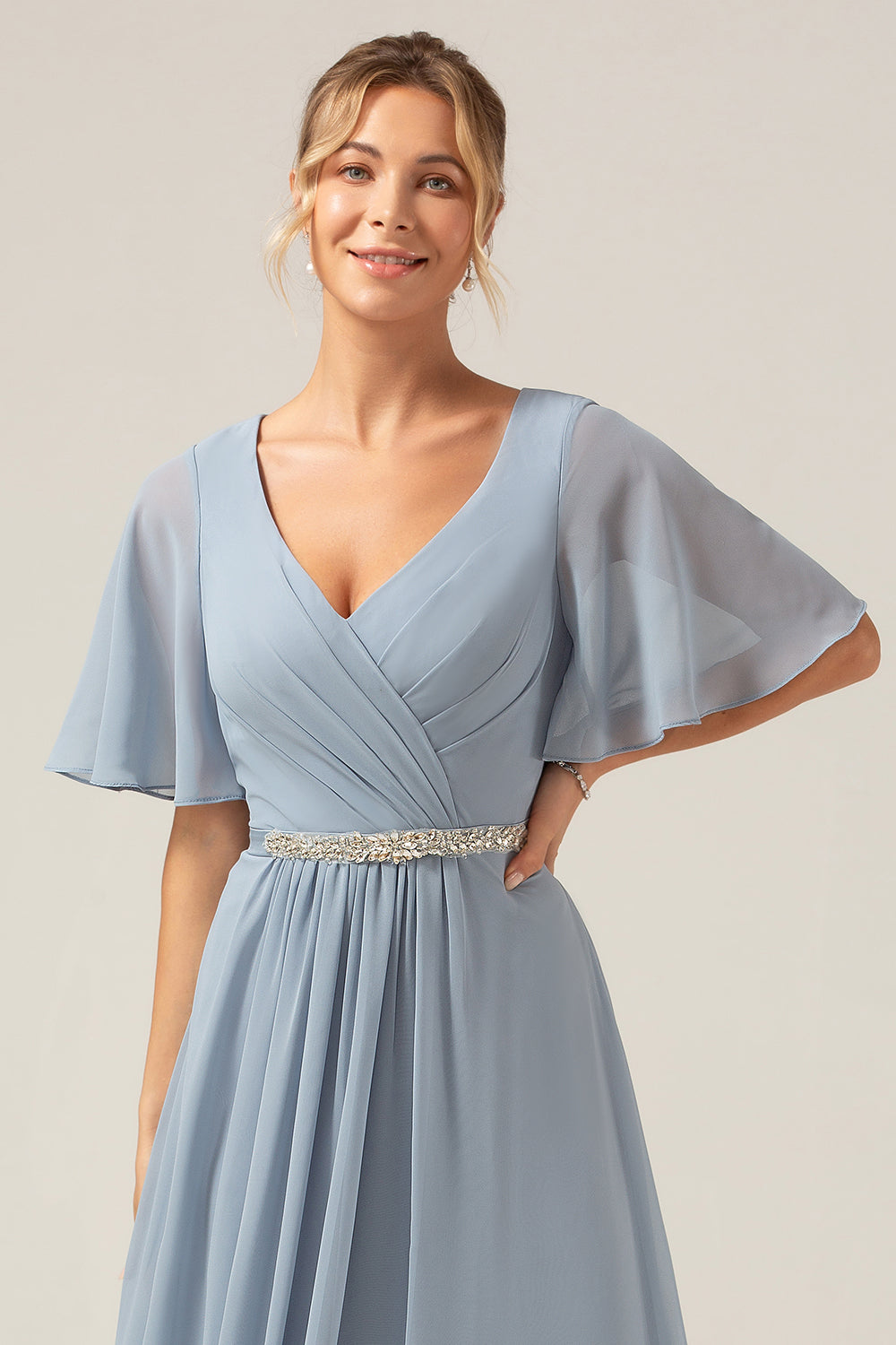 Wedtrend Women Dusty Blue Bridesmaid Dress With Short Sleeves A Line Chiffon Floor Length Wedding Party Dress WEDTREND Wedtrend Women Dusty Blue Bridesmaid Dress With Short Sleeves A Line Chiffon Floor Length Wedding Party Dress WEDTREND