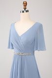 A Line V Neck Chiffon Floor Length Dusty Blue Bridesmaid Dress With Short Sleeves