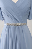 A Line V Neck Chiffon Floor Length Dusty Blue Bridesmaid Dress With Short Sleeves